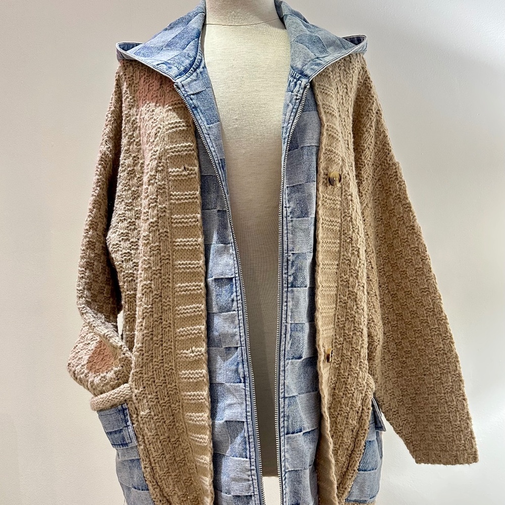 Oversized Hybrid 2-in-1 Denim / Chunky Sweater zip up jacket (Size Small)